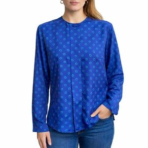 Oscar de la Renta Expressions Blue Silk Look Blouse Padded Shoulders Size 8
